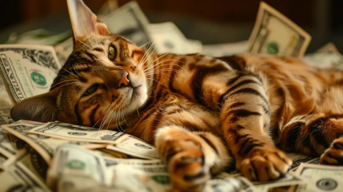 Bengal Cat laying on money